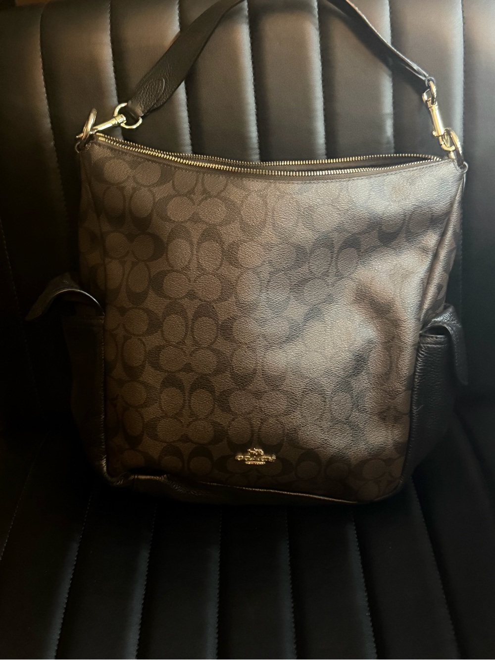 Coach Brown Signature Canvas Shoulder Bag with Black Trim